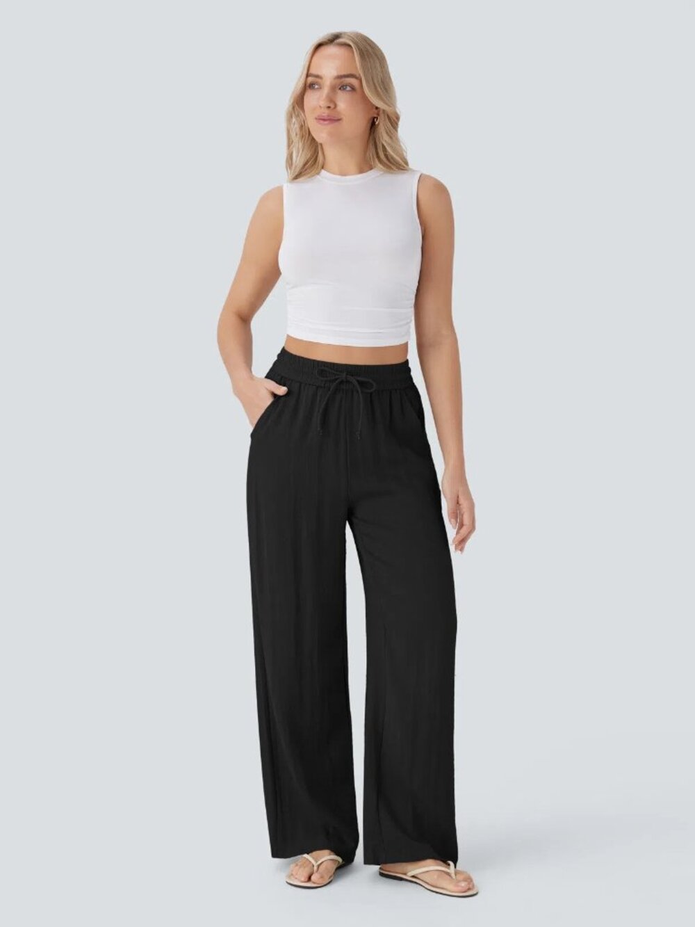 Halara Lg Tall High Waisted Drawstring Wide Leg Baggy Linen-Feel Pants 50% off